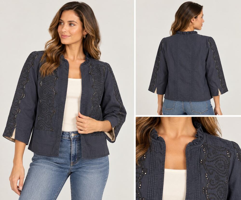 LOFT Women’s Size 14 Navy Eyelet Embroidered Open Front Jacket 3/4 Sleeve
